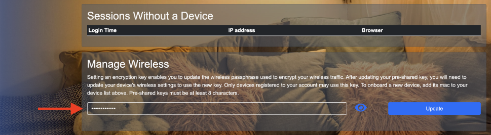 Screenshot of the Devices tab of the Privatel Portal, showing the Manage Wireless section where you can change your passkey.